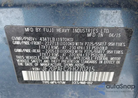 2015 Subaru Xv Crosstrek 2.0I Premium z USA, uszkodzony, nr VIN JF2GPAFC2FH270215